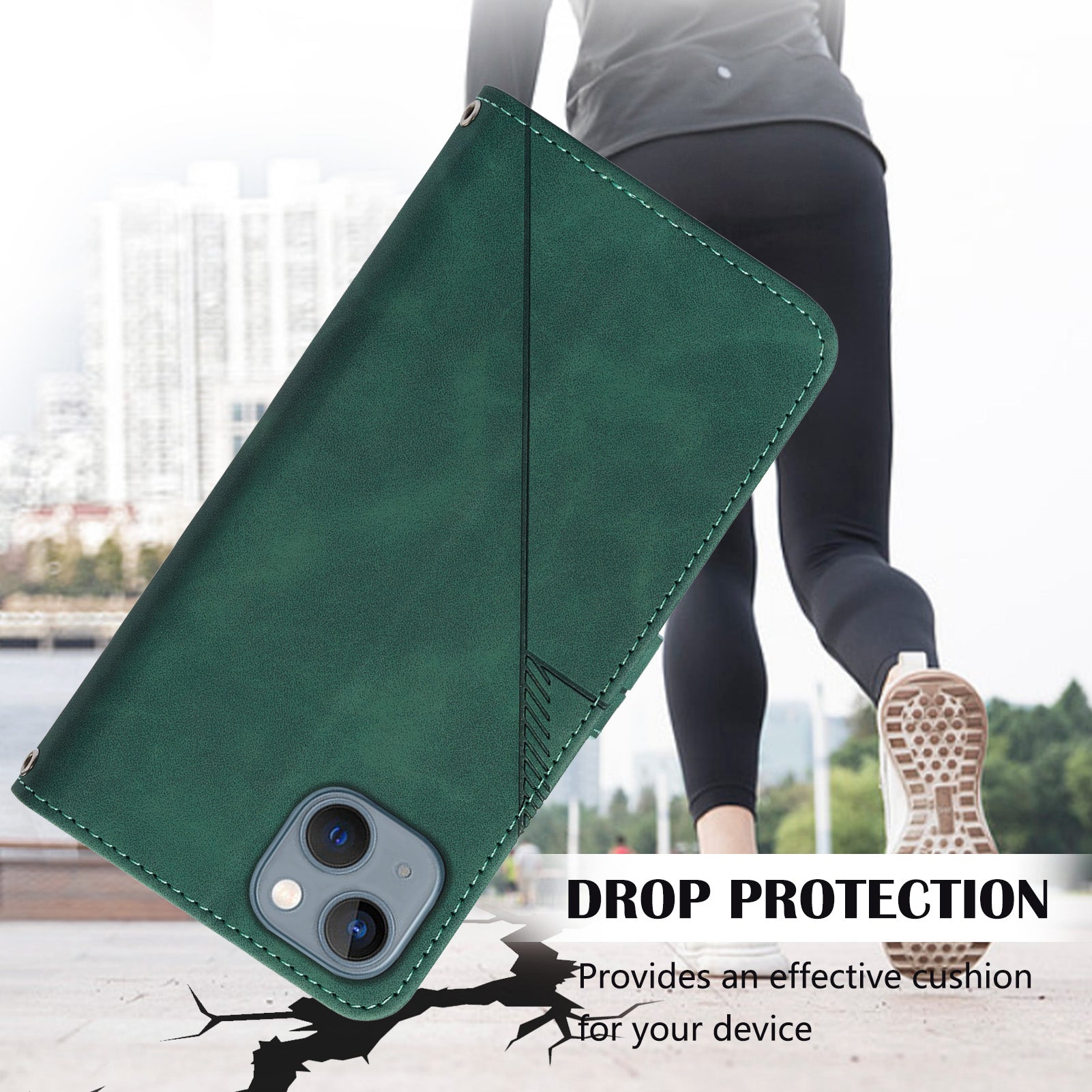 YB Imprinting Series-1 for iPhone 15 Plus Leather Wallet Stand Phone Case Imprinted Shell with Hand Strap - Blackish Green YB Imprinting Series-1 for iPhone 15 Plus Leather Wallet Stand Phone Case Imprinted Shell with Hand Strap - Blackish Green